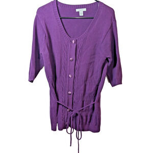 DRESSBARN Cardigan Sweater Purple Cable Knit Women's Large Button Short Sleeve